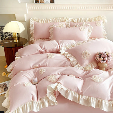 Korean Pink Blue Rose Flower Handwork Embroidery Lace Ruffle Girls Bedding